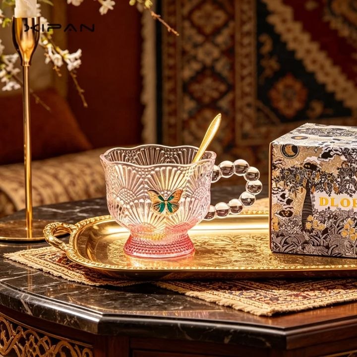 مج شاي ليزر   زجاج 2 قطعه مع 2معلقه جولد