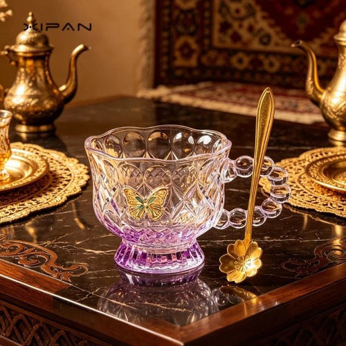 مج شاي ليزر   زجاج 2 قطعه مع 2معلقه جولد