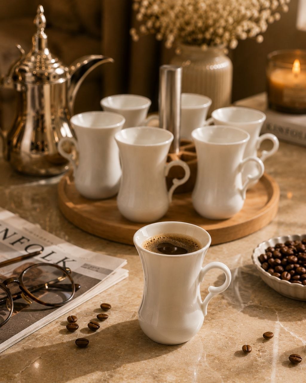 طقم ٦ استكانات مع شيالة خشب وحامل معدن هيخلي تقديم الشاي أجمل (Copy)